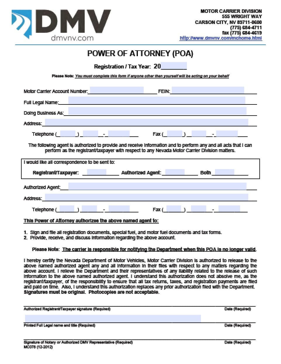Nevada Vehicle Power of Attorney Form - Power of Attorney : Power of Attorney
